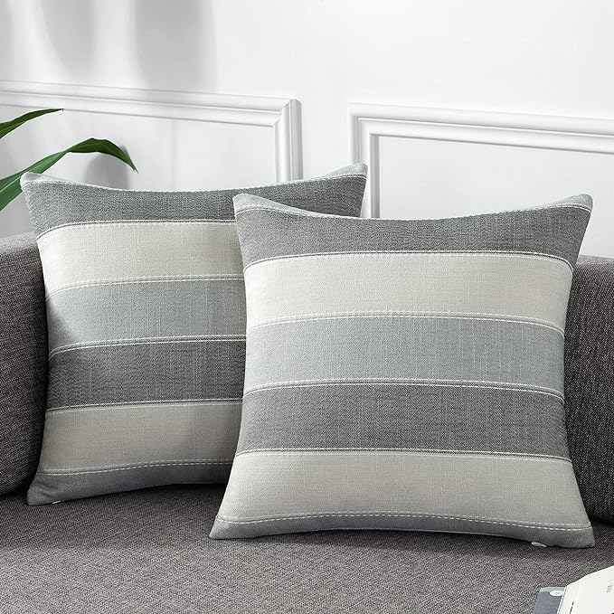 AmHoo Pack of 2 Farmhouse Stripe Check Throw Pillow Covers Set Case Cotton Linen Decorative Pillowcases Cushion Cover for Couch Bench Sofa 24x24Inch Dark Grey Beige