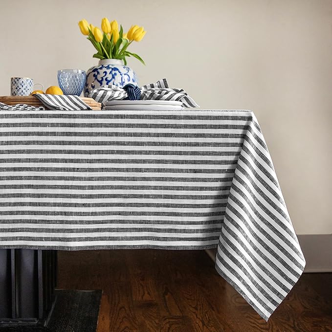 Solino Home Linen Tablecloth 60 x 90 Inch - Amalfi Stripe 100% Pure Linen Black and White Table Cloth for Rectangle Tables - Machine Washable Tablecloth for Fall, Winter, Thanksgiving, Holiday