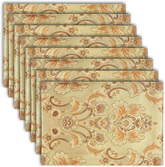 Luxury Dinner Table Runner and Placemats Set of 8, Gold Farmhouse Boho Fabric Cloth Place Mats, Perfect for Dining Room Decor, Washable Indoor Decoration(Gold, 8 Piece 13×18 Placemats)