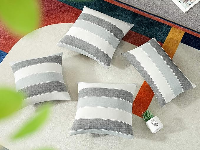 AmHoo Pack of 2 Farmhouse Stripe Check Throw Pillow Covers Set Case Cotton Linen Decorative Pillowcases Cushion Cover for Couch Bench Sofa 22x22Inch Dark Grey Beige