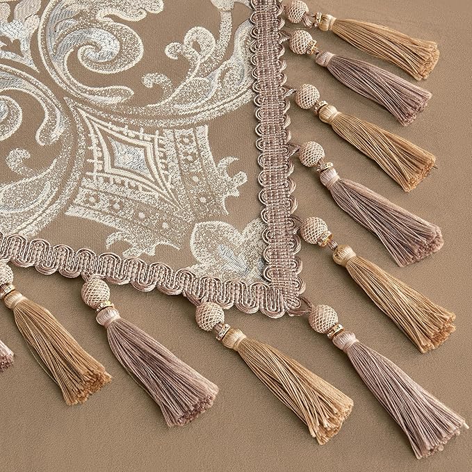 Loom and Mill Luxury Table Runner for Home Decor, Jacquard Floral Dining Table Runner with Tassels, 90 inches Long Damask Runner for Dining Dresser Party Banquet Decorations(Light Coffee, 13*90 inch)