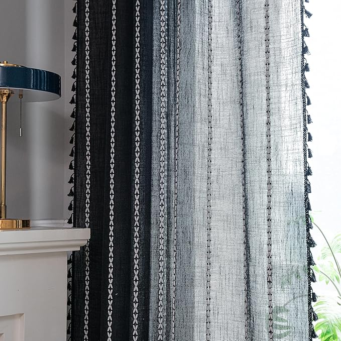 Sutuo Home Black Boho Curtains, Bohemian 1 Panel 108 inches Long for Bedroom Living Room Nursery Patio Halloween Decor, Vintage Country Linen Striped Farmhouse Window Treatment, 52" W x 108" L