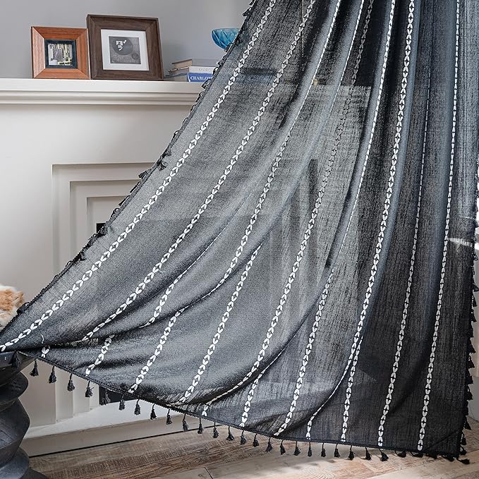Sutuo Home Black Boho Curtains 90 inches Long for Bedroom Living Room Nursery Patio Halloween Decor, Bohemian Vintage Country Linen Striped Farmhouse Window Treatment, 1 Panel,52" W x 90" L