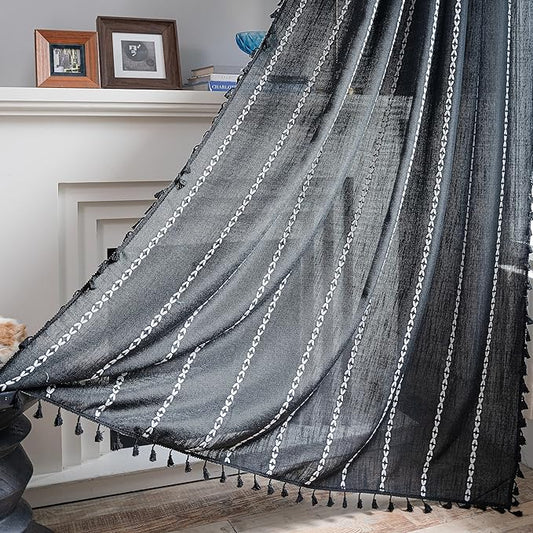 Sutuo Home Black Boho Curtains 90 inches Long for Bedroom Living Room Nursery Patio Halloween Decor, Bohemian Vintage Country Linen Striped Farmhouse Window Treatment, 1 Panel,52" W x 90" L