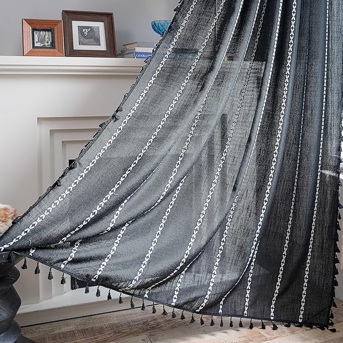 Sutuo Home Boho Curtains 102 inches Long for Bedroom Living Room Nursery Patio Halloween Decor, Bohemian Vintage Country Linen Striped Farmhouse Window Treatment, 1 Panel,52" W x 102" L,Black