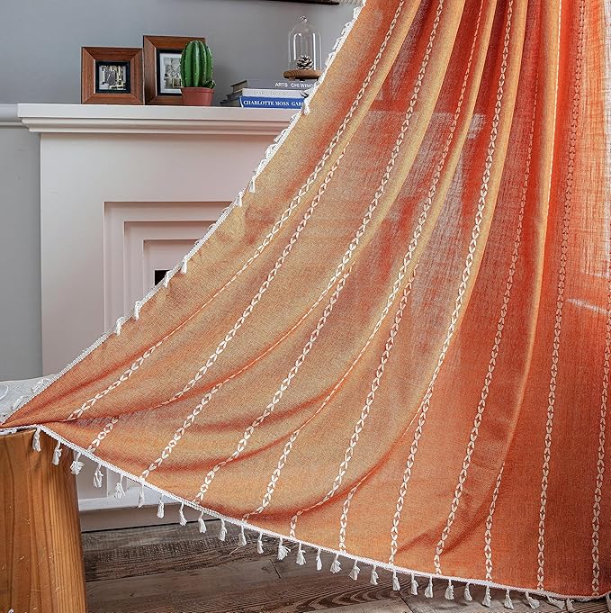 Sutuo Home Orange Boho Curtains for Bedroom Kitchen, Semi Blackout Linen Farmhouse Vintage Tassels Window Treatment Bohemian Embroidery Drape for Fall Autumn Decor, Rod Pocket 1 Panel 52" W x 63" L