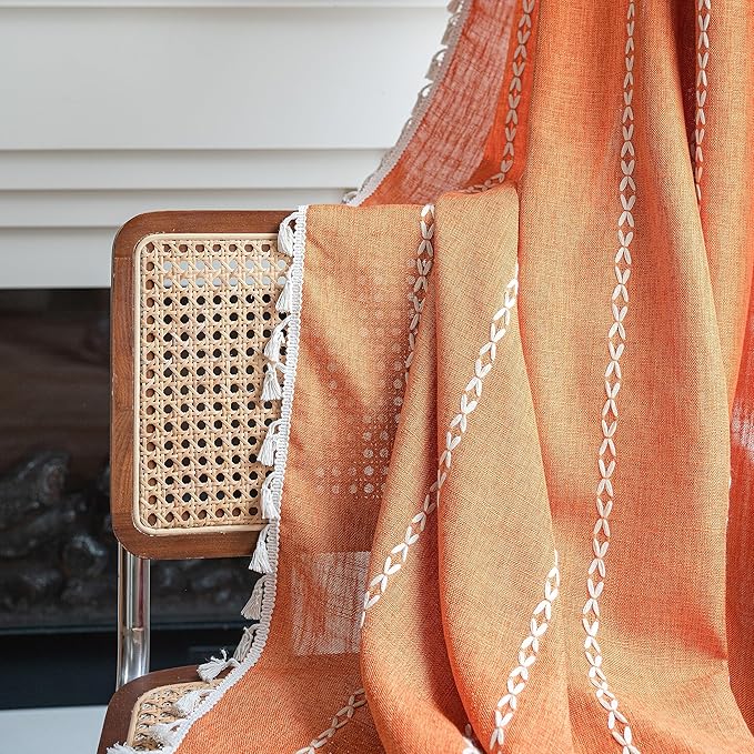 Sutuo Home Orange Boho Curtains for Bedroom Living Room,Terracotta Semi Blackout Linen Farmhouse Shabby Chic Tassels Window Treatment Bohemian Embroidery Drape, Rod Pocket 1 Panel 52" W x 96" L