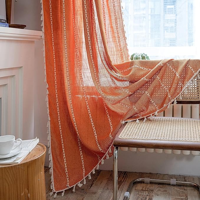 Sutuo Home Boho Curtains for Bedroom Living Room, Semi Blackout Linen Farmhouse Tassels Extra Long Window Treatment Bohemian Embroidery Drape for Fall Decor, Rod Pocket 1 Panel 52" W x 108" L,Orange