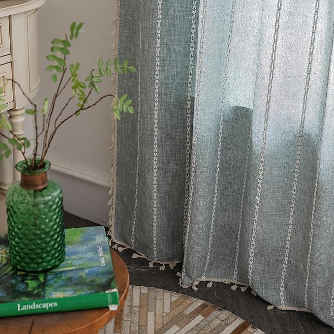 Sutuo Home Boho Curtain for Bedroom Nursery Room, Semi Blackout Linen Farmhouse Shabby Chic Tassels Window Treatment Bohemian Embroidery Drape, Rod Pocket 1 Panel 52" W x 96" L, Greyish Blue