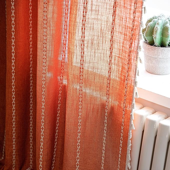 Sutuo Home Orange Boho Curtains for Bedroom Kitchen, Semi Blackout Linen Farmhouse Vintage Tassels Window Treatment Bohemian Embroidery Drape for Fall Autumn Decor, Rod Pocket 1 Panel 52" W x 63" L