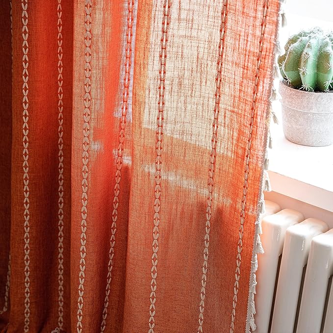 Sutuo Home Orange Boho Curtains for Bedroom Living Room,Terracotta Semi Blackout Linen Farmhouse Shabby Chic Tassels Window Treatment Bohemian Embroidery Drape, Rod Pocket 1 Panel 52" W x 96" L